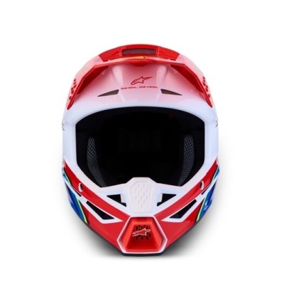 Capacete para motocross vermelho, branco e azul com texto na frente