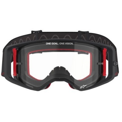 Óculos de proteção preta com detalhes vermelhos e lente transparente