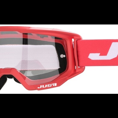 Óculos de proteção vermelhos com alça elástica e lente transparente