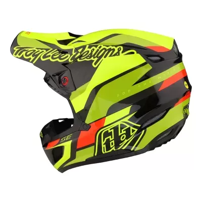 Capacete motocross amarelo fluorescente com detalhes em preto e laranja
