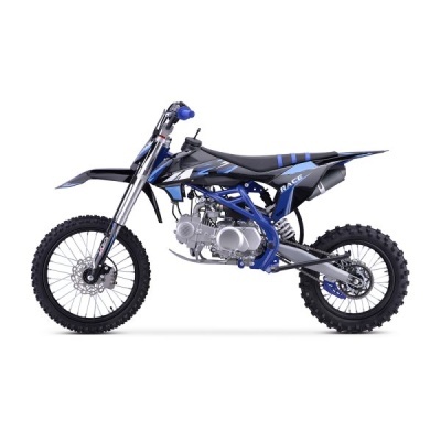 Motocross azul e preto com quadro azul metálico e pneus de tacos