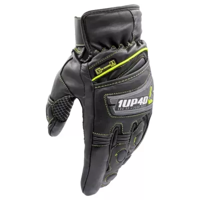Luva preta para moto com detalhes verdes fluorescentes e texto 1UP4D no dorso.