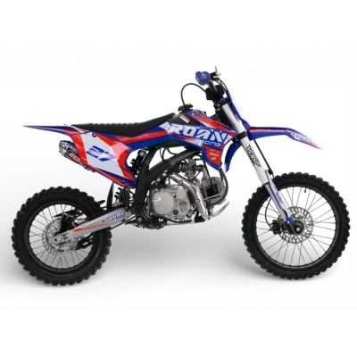 Moto de motocross azul, vermelho e branco com texto ROAN RACING e número 21 sobre fundo branco