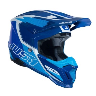Capacete motocross azul JUST1 com detalhes em branco e preto