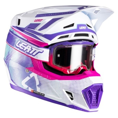 Capacete motocross integral LEATT branco, rosa, roxo e azul com visor
