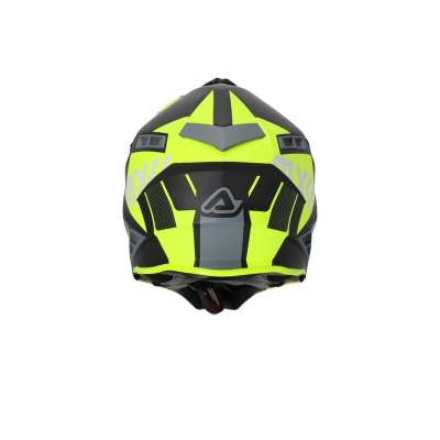 Capacete de motociclista amarelo fluorescente visto de trás