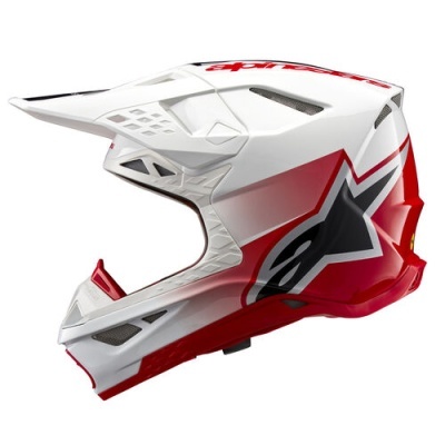 capacete integral motocross branco vermelho preto com símbolo