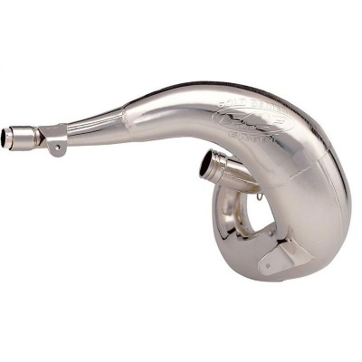 Pote de escape metálico prateado para motocicleta com texto gravado