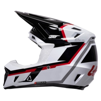 Capacete integral branco, preto, vermelho e cinzento para motocross com texto LEATT