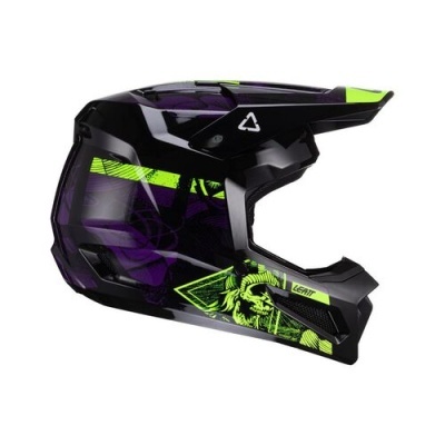 Capacete integral motocross preto, roxo e verde neon com design gráfico e figura de leão