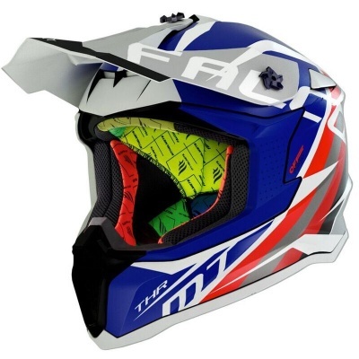 Capacete integral de motocross azul, branco, vermelho e cinza com interior colorido