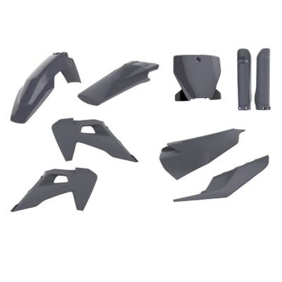 Peças plásticas cinza para moto organizadas em fundo branco