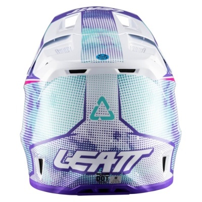 Capacete de proteção branco, roxo e azul com padrões de pontos e texto LEATT