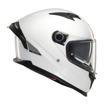 Capacete integral de moto branco com detalhes em preto e viseira transparente