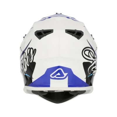 Capacete branco com detalhes azuis e pretos visto de frente