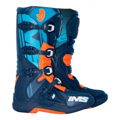 Botas de motocross IMS em azul escuro, azul claro e laranja com fivelas ajustáveis