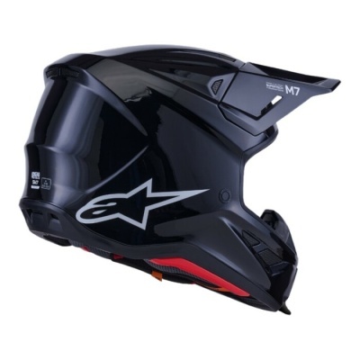 Capacete integral motocross preto com detalhes cinza e vermelho