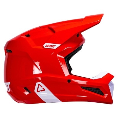 Capacete integral vermelho com detalhes brancos e texto LEATT