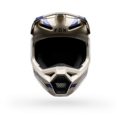 Capacete integral bege com detalhes azuis e texto FOX