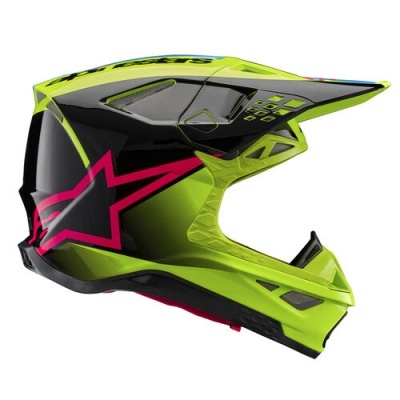 Capacete motocross preto e amarelo neon com estrela rosa