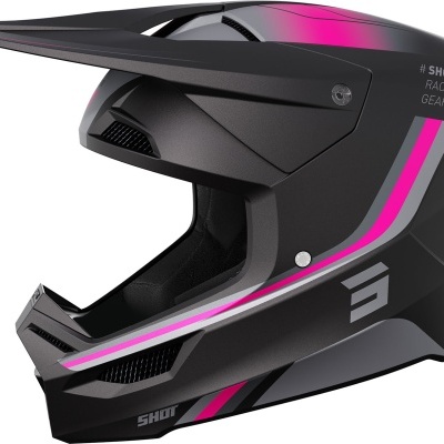 Capacete integral preto com detalhes em rosa e branco e texto SHOT FACE GEAR