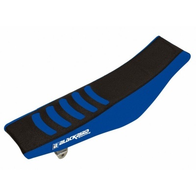 Banco de motocicleta azul e preto com logotipo BLACKBIRD