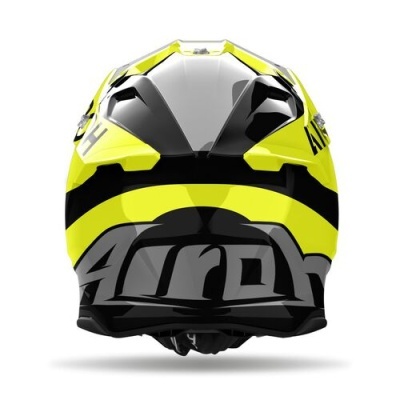 Capacete de moto amarelo, preto e cinzento com logo 'AIROH'