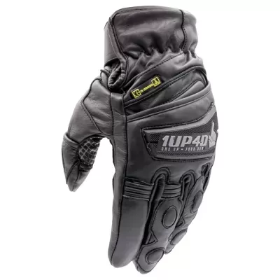 Luva preta de couro com proteção acolchoada e etiquetas 1UP40 e RACE PRO