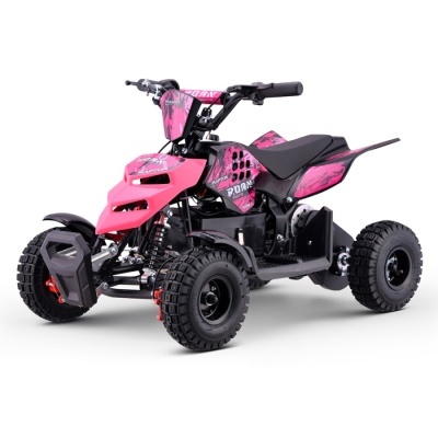Quadriciclo elétrico infantil preto e rosa com pneus robustos e textos MADIX RACING, RAPTOR e ROAN.