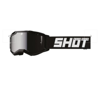 Óculos de proteção SHOT RACE GEAR com lente cinza espelhada e cinta preta com texto branco