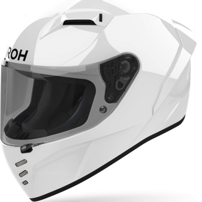 Capacete integral branco com viseira transparente e detalhes pretos