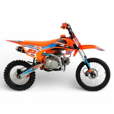 Mota de cross REXO laranja com número 23 e detalhes azuis e pretos