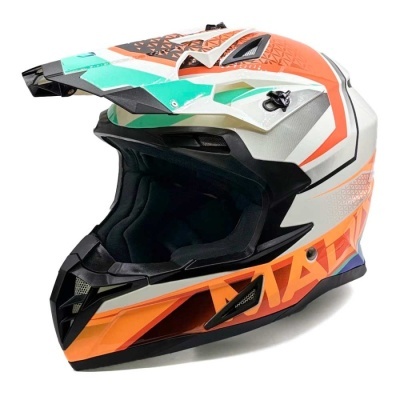 capacete motocross branco com detalhes laranja e verde