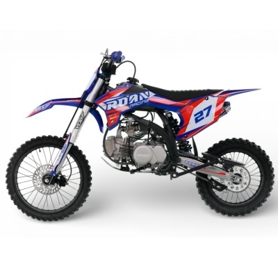Moto de cross pequena com carenagens azuis, vermelhas e brancas e número 27 na lateral