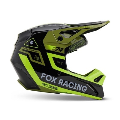 Capacete integral de motocross preto e verde fluorescente com logo Fox
