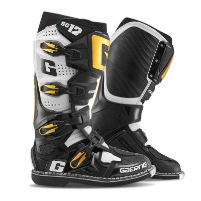 Botas de motocross Gaerne SG12 pretas, brancas e amarelas com fivelas ajustáveis
