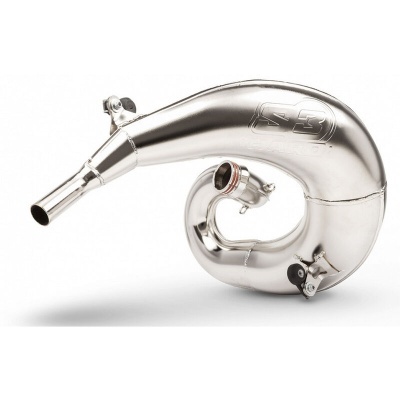 Tubo de escape metálico prateado com curvas em espiral e logótipo FMF