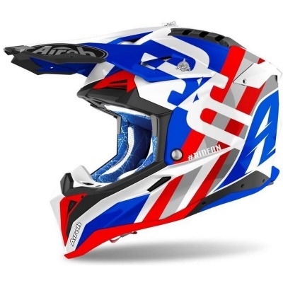 Capacete de motocross multicolorido com padrões e texto 'Airoh' e '#RIDEON'