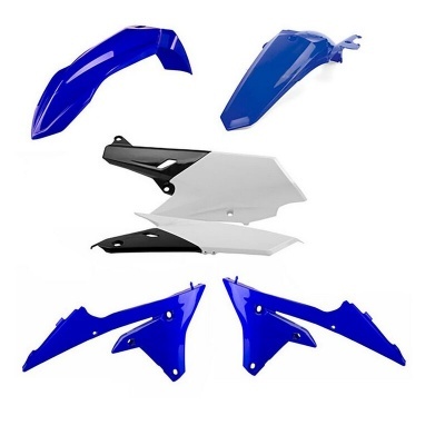 Peças plásticas para motocicleta azul, branco e preto sobre fundo branco