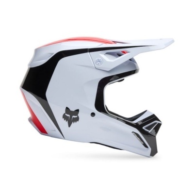 capacete motocross branco, preto e vermelho com logótipo de raposa