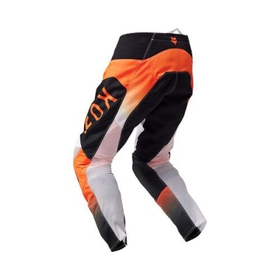 Calças de motocross preto, laranja e branco com texto FOX