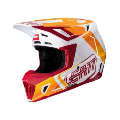 Capacete integral para motocross ou BTT branco, laranja e vermelho com texto LEATT