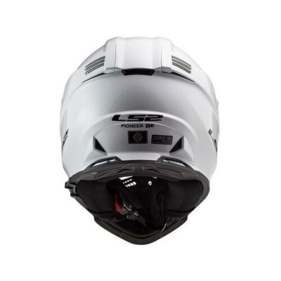Capacete de moto branco LS2 Pioneer EVO visto de trás