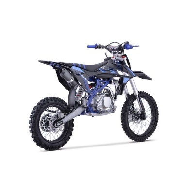 Moto todo-o-terreno preta e azul com pneus grossos e quadro azul