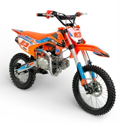 Motocross infantil laranja com detalhes em azul e preto, pneus off-road e número 23