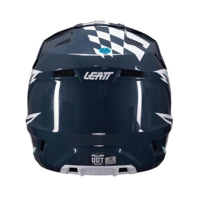 Capacete de motocross azul escuro com padrão de xadrez branco e preto e texto DOT tamanho M