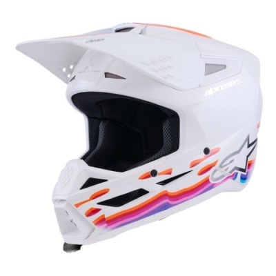 Capacete motocross branco com padrões coloridos e logo Alpinestars