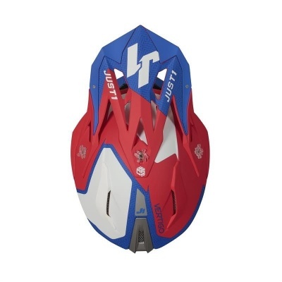 Capacete de cores azul, vermelho e branco com texto JUST1 e J1