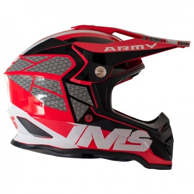 Capacete de motocross vermelho, preto e cinzento com textos 'MS' e 'ARMY'