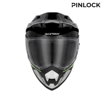 Capacete de motocicleta Acerbis preto com viseira clara e detalhes verdes e cinzas